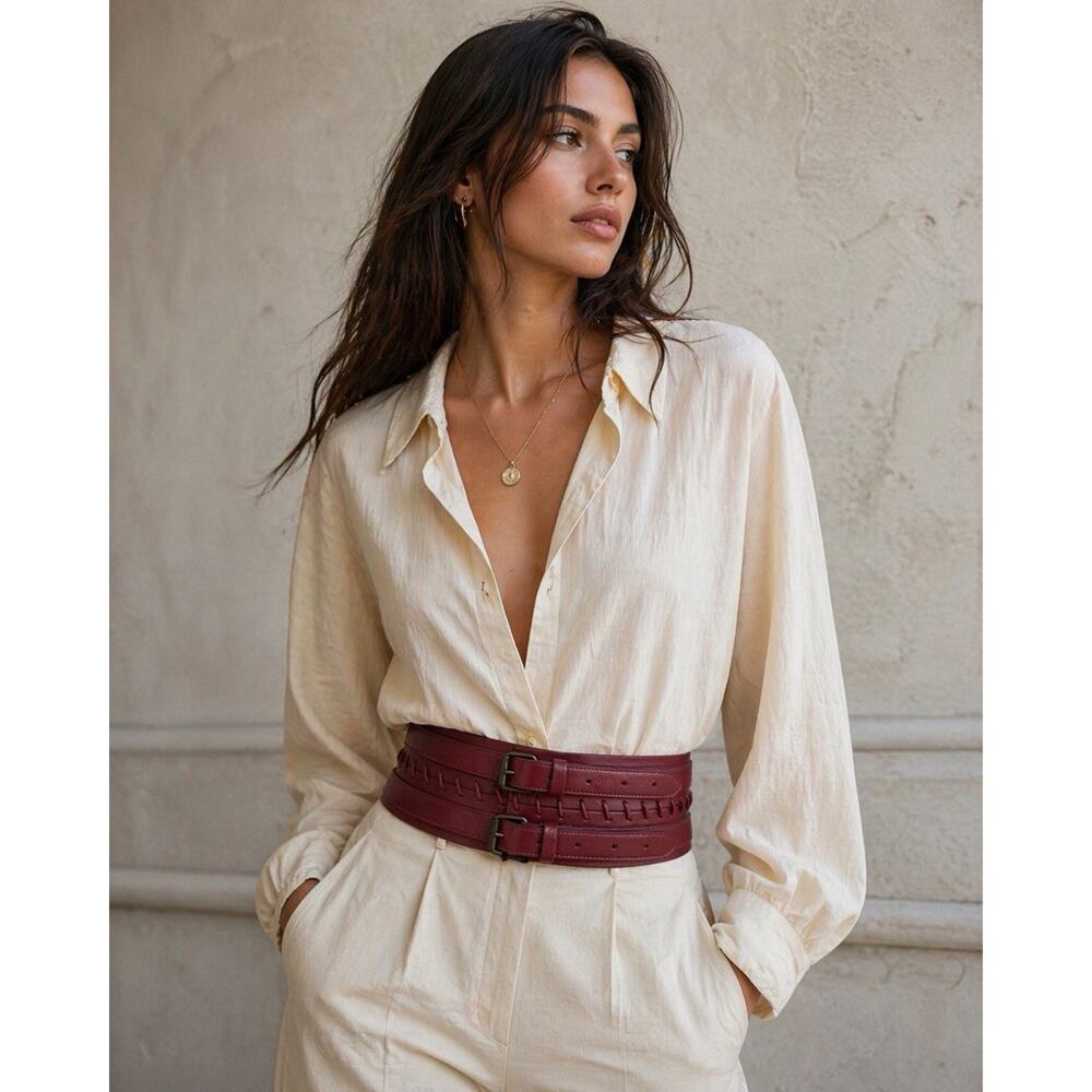 Vtg Plein Sud Y2K NWT Burgundy Leather Double Buckle Corset Belt France Cincher